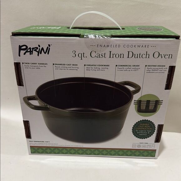 Parini 3 Qt Cast Iron Dutch Oven Green Black Enameled Nonstick Durable Cookware - Picture 4 of 15